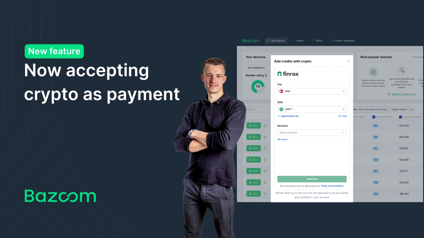 Pay for backlinks with crypto: Fast, easy, and reliable at Bazoom.com